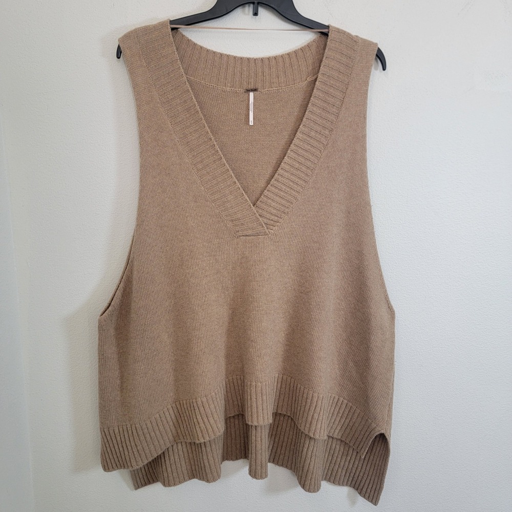 Free People Oversize Vest Medium Loose Fit Baggy V-Neck Wool Baggy Brown Sweater